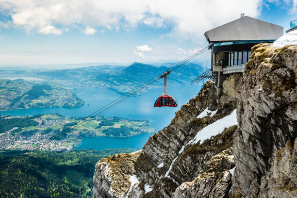 Pilatus Kulm and cable car, summit over Lake Lucerne, Switzerland, Europe Pilatus Kulm and cable car, summit above Lake Lucerne, Switzerland, Europe overhead cable car stock pictures, royalty-free photos & images