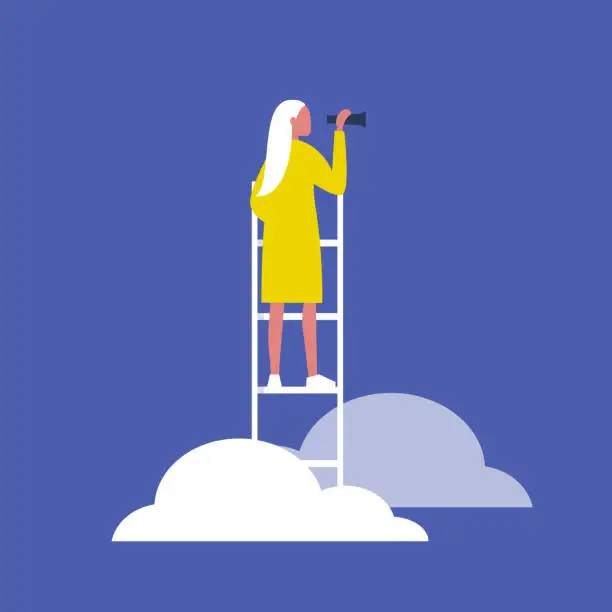 Vector illustration of Young blonde female character standing on a ladder in the clouds and holding a spyglass. Business strategy. Success. Flat editable vector illustration, clip art