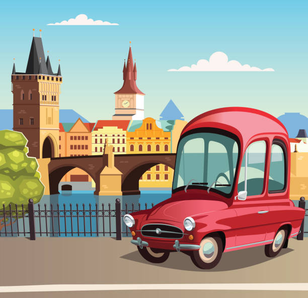 ilustraciones, imágenes clip art, dibujos animados e iconos de stock de pequeño coche rojo en praga y el puente de carlos en fondo - classic europe urban scene prague