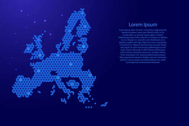 Vector illustration of European Union map abstract schematic from blue triangles repeating pattern geometric background with nodes and space stars for banner, poster, greeting card. Vector illustration.