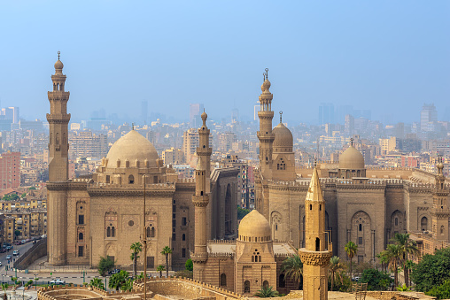 Cairo: Aerial view of Cairo city from Salah Al Deen Citadel (Cairo Citadel) with Al Sultan Hassan and Al Rifai Mosques