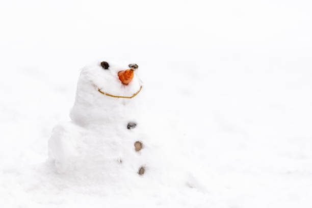 Close up view of unsteady funny snowman due to warm weather made by children in winter garden.  Sweden.