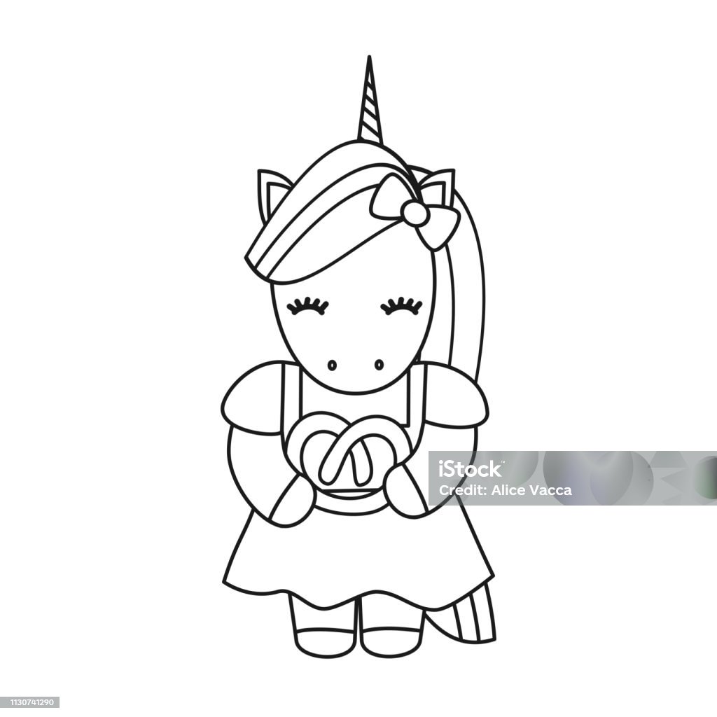 cute cartoon black and white vector unicorn with pretzel for coloring art Animal stock vector