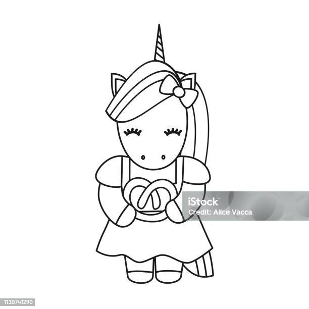 Cute Cartoon Black And White Vector Unicorn With Pretzel For Coloring Art Stock Illustration - Download Image Now