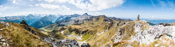 Alpine panorama Valais with stone pyramid, Alps in Valais, la Brinta, from Vercorin to Grimnetz, Eifischtal, Switzerland
