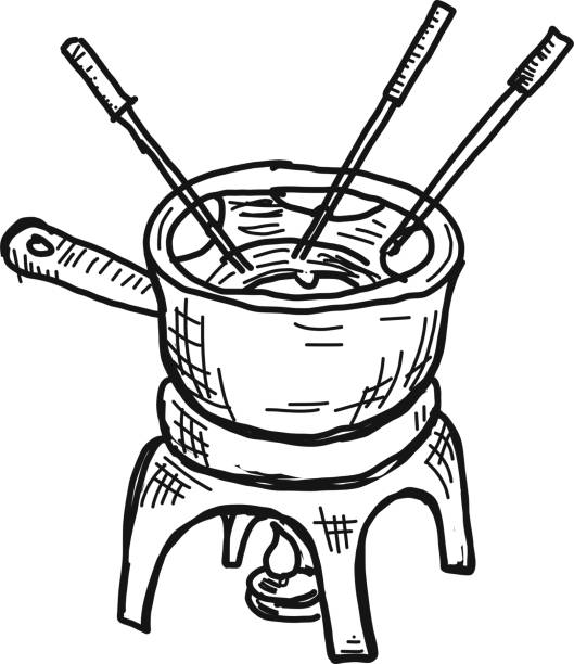 Sketchy fondue pot with forks Vector illustration of a Sketchy fondue pot with forks. Fully editable. EPS 10. cheese fondue stock illustrations