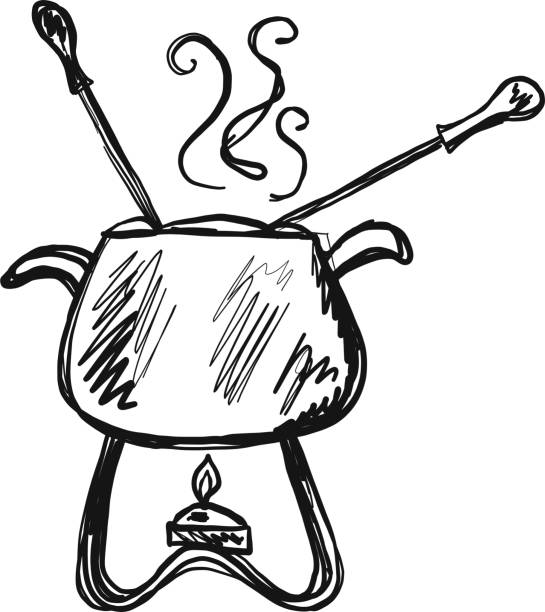 Sketchy fondue pot with forks Vector illustration of a Sketchy fondue pot with forks. Fully editable. EPS 10. cheese fondue stock illustrations