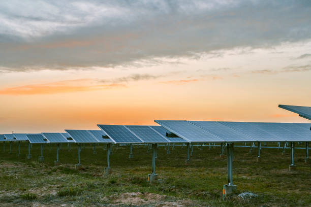 istock Solar photovoltaic area under sunset map 1130745628