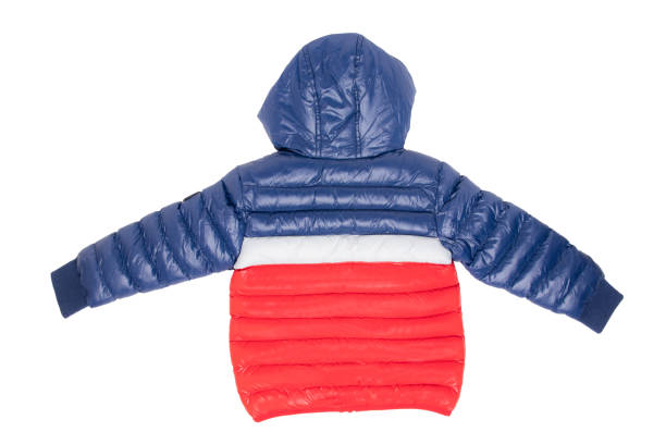 winter jacket isolated. a stylish blue and red warm down jacket with red lining for the kids is isolated on a white background. childrens wear with hood for spring and autumn. back view. - fleece coat imagens e fotografias de stock