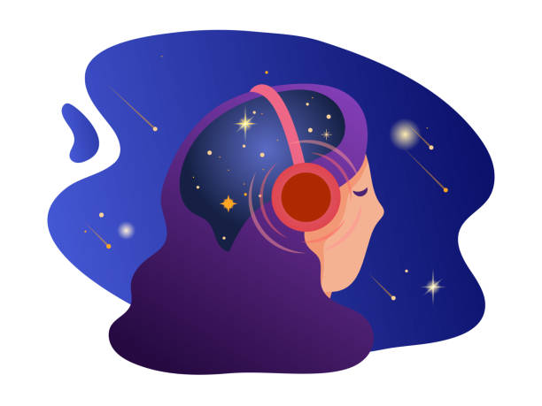 ilustrações, clipart, desenhos animados e ícones de menina que escuta a música nos auscultadores, com a mente cheia das estrelas. estilo liso moderno da ilustração do vetor. fundo do cosmos do espaço. - creative thinking audio