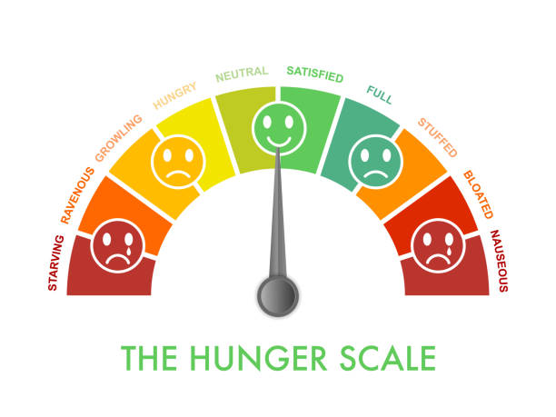 illustrazioni stock, clip art, cartoni animati e icone di tendenza di scala fame-pienezza da 0 a 10 per un'alimentazione intuitiva e consapevole e il controllo della dieta. grafico ad arco che indica le fasi della fame per valutare il livello di appetito. i volti emoji mostrano emozione. clipart illustrazione vettoriale - affamato