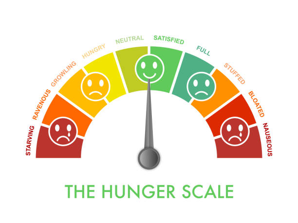 ilustrações, clipart, desenhos animados e ícones de fome-plenitude escala 0 a 10 para a alimentação intuitiva e consciente e controle de dieta. arco gráfico indicando estágios de fome para avaliar o nível de apetite. emoji enfrenta emoção show. clipart da ilustração do vetor - hungry