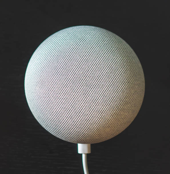 gray voice controlled mini smart speaker on black background