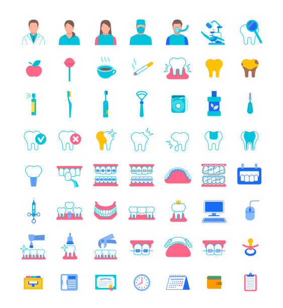 ilustraciones, imágenes clip art, dibujos animados e iconos de stock de servicios de clinica dental iconos vectoriales planos - dental hygiene prosthetic equipment dentist office dental equipment