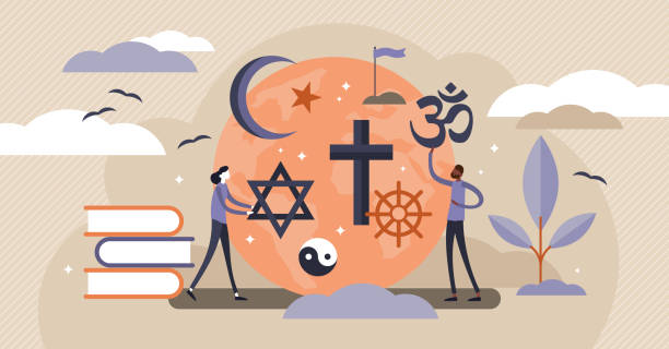 illustrations, cliparts, dessins animés et icônes de illustration de vecteur de religion. concept de personnes d'élément symbolique plat minuscule. - religion