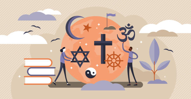 ilustrações, clipart, desenhos animados e ícones de ilustração do vetor da religião. conceito simbólico minúsculo liso das pessoas do elemento. - religious equipment