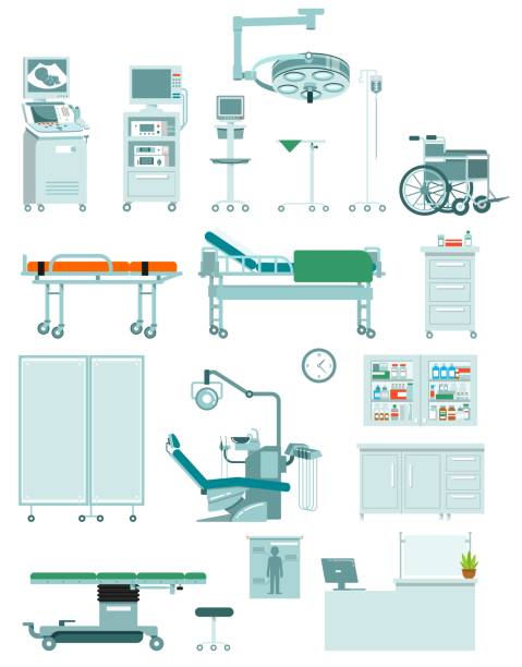 illustrazioni stock, clip art, cartoni animati e icone di tendenza di set di attrezzature mediche in stile piatto - chirurgia robotica