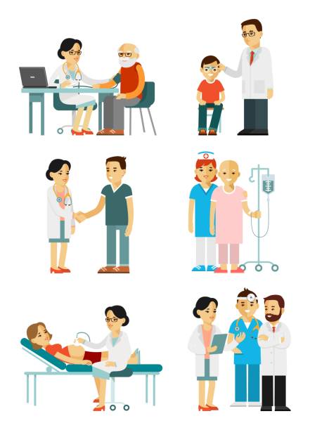 Set of doctors and patients in different situation. Medical staff and illness people in hospital. Consultation, medical diagnosis and treatment. Vector illustration in flat style isolated on white background. eye doctor and patient stock illustrations