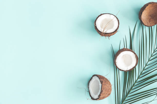 istock Summer composition. Coconut, palm leaf on pastel blue background. Summer concept. Flat lay, top view, copy space 1130756990