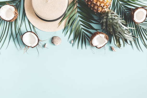 istock Summer composition. Tropical palm leaves, hat, coconut, pineapple on pastel blue background. Summer concept. Flat lay, top view, copy space 1130757186