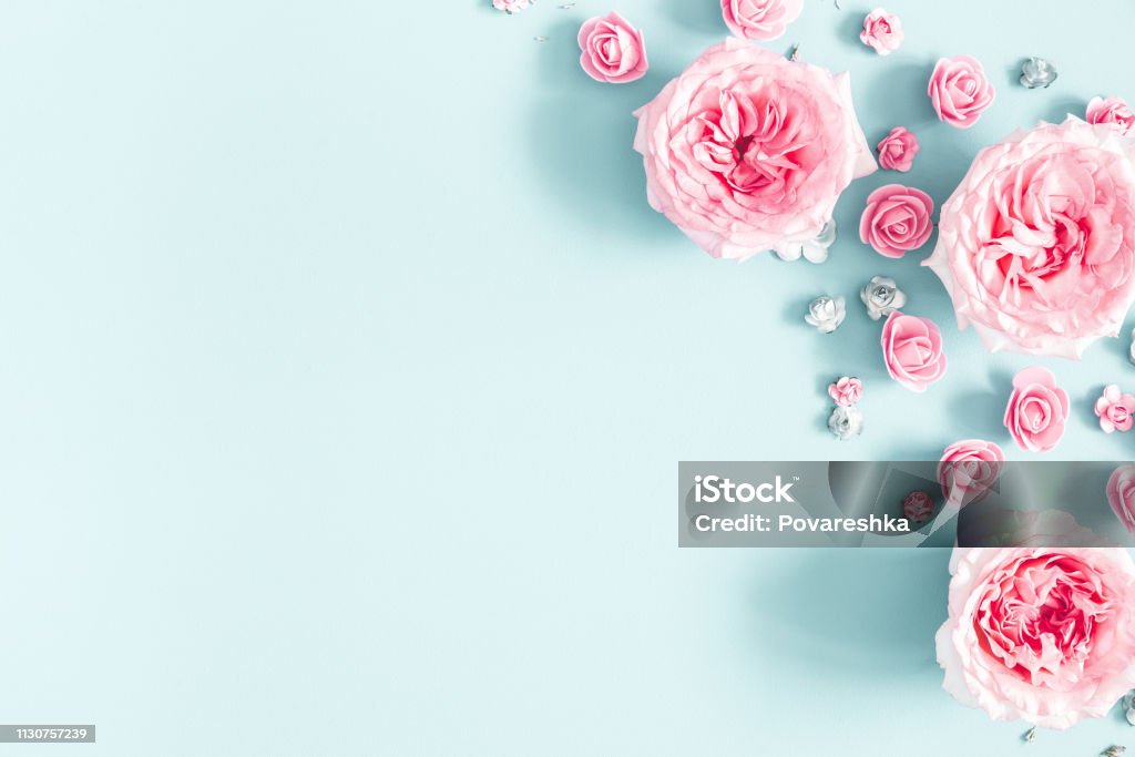 Composición De Flores Marco Hecho De Flores De Color Rosa En Fondo Azul  Pastel Día De San Valentín Día De Las Madres Día De Las Mujeres Concepto De  Primavera Lay Plano Vista