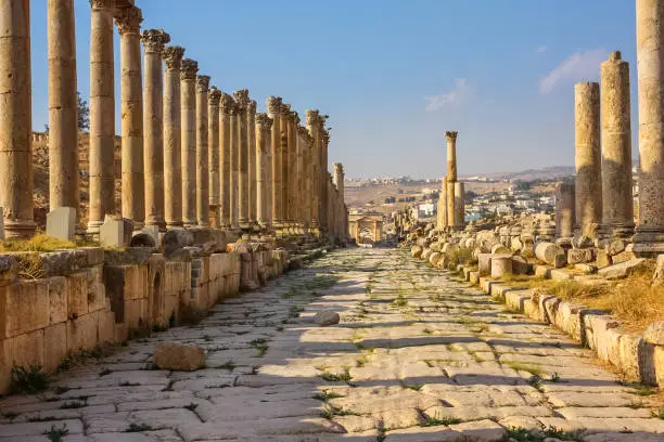 Stock photograph of Gerasa Roman Ruins in Jerash Jordan on a sunny day.
