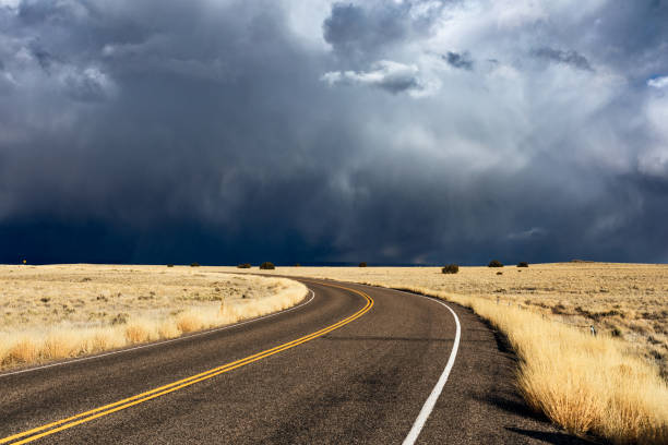 istock Road through a field with dark storm clouds 1130757973