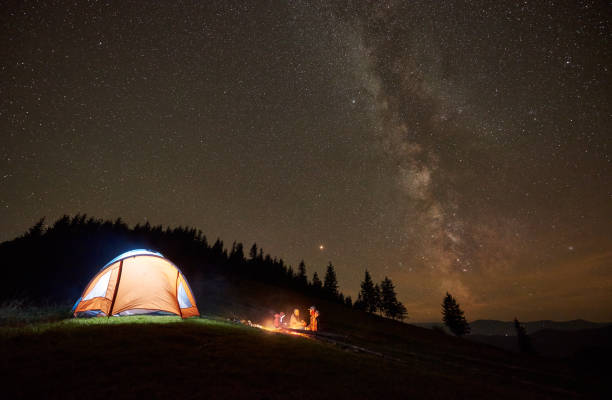 istock Friends resting beside camp, campfire under night starry sky 1130760248