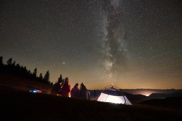 istock Friends resting beside camp, campfire under night starry sky 1130761782