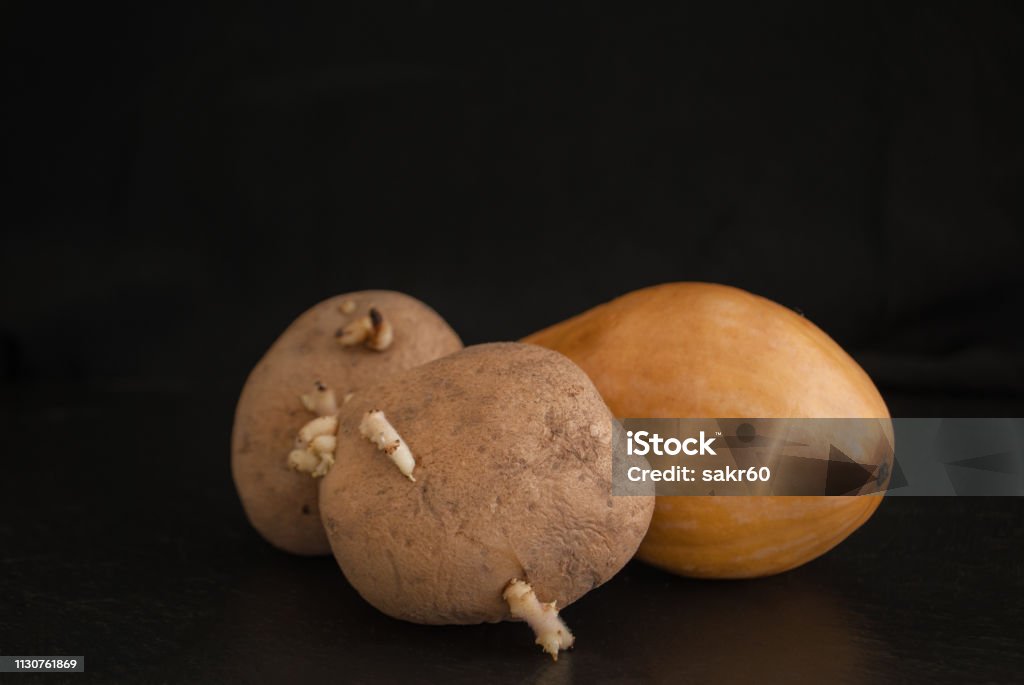 potato with sprouts and pumpkin on a black background potatoes with sprouts and pumpkin on a black background on a dark surface Agriculture Stock Photo