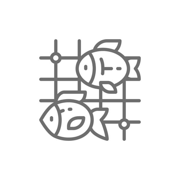 Fish in fishing nets line icon. Vector fish in fishing nets line icon. Symbol and sign illustration design. Isolated on white background fish farm icon stock illustrations