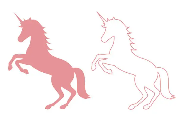 Vector illustration of unicorn icon, flat and linear silhouette on white background, vector