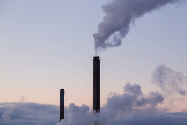 el humo procedente de una chimenea de una planta de calor en una fría noche de invierno - global warming power station smoke stack coal fotografías e imágenes de stock