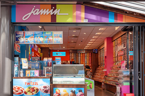 Amsterdam, the Netherlands. February 18, 2019: Chocolat and snack franchise store Jamin at the Amsterdam Bijlmer at Netherlands. Allmost every big city in The Netherlands has a franchise Jamin store.