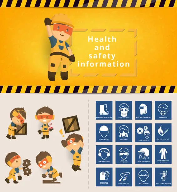 Vector illustration of Construction worker repairman banner, Construction health and safety sign used in industrial applications, safety first, health and safety, vector illustrator