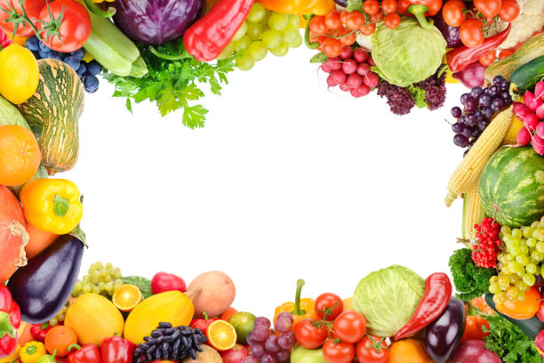 istock Frame of set vegetables and fruits on white background. 1130767437