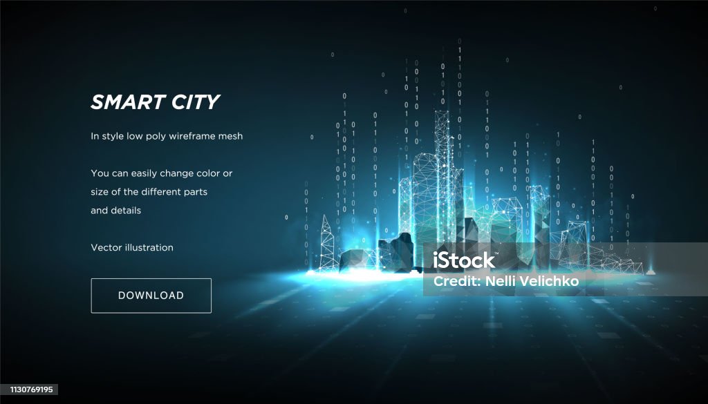 City of the Abstract low poly wireframe on dark background.Concept of smart cityand flow binary code.Plexus lines and points in the constellation.Polygonal particles.Vector 3d City stock vector