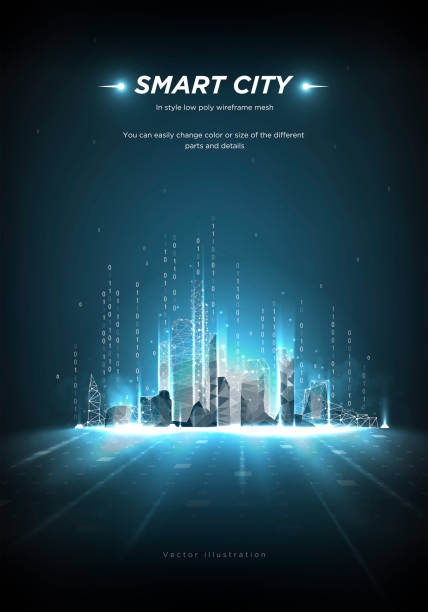 Smart city low poly wireframe on blue background.City future abstract or metropolis.Intelligent building automation. Binary code stream. Polygonal space low poly with connected dots and lines.Vector