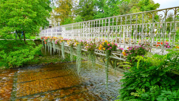 мост в красивом парке в самом сердце баден-бадена, германия - baden baden green street fountain стоковые фото и изображения