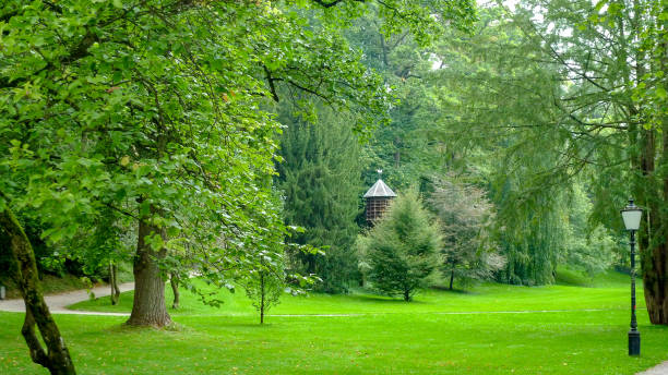 bellissimo parco nel cuore di baden-baden - baden baden green street fountain foto e immagini stock