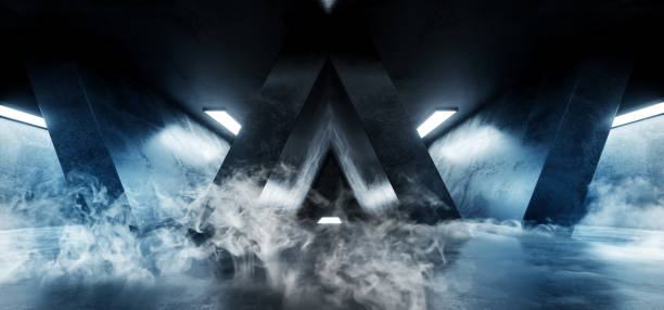 istock Smoke Triangle Shaped Grunge Concrete Sci Fi Futuristic Neon Blue White Elegant Empty Dark Reflective Big Hall Scene Alien Ship Room Tunnel Corridor Glowing Studio Lights 3D Rendering 1130772651