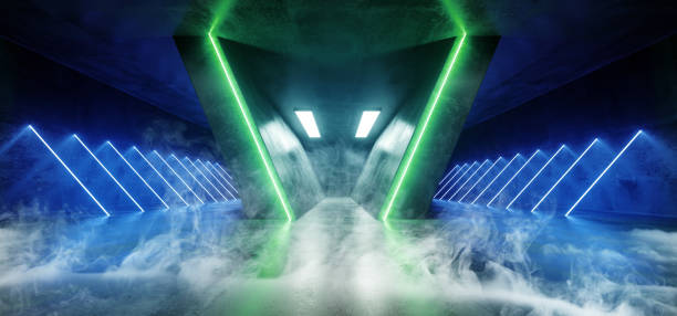 istock Smoke Sci Fi Futuristic Neon Glowing Triangle Shaped Blue Green White Lines Grunge Concrete Reflective Texture Dark Empty Space Dance Stage Hall Room 3D Rendering 1130773948