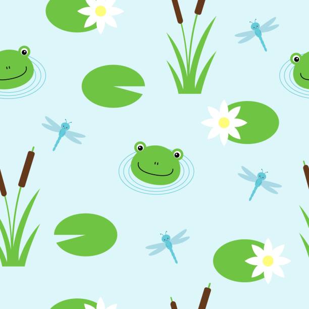 ilustrações de stock, clip art, desenhos animados e ícones de seamless pattern with cute frogs and dragonflies. vector background for kids. - water lily illustrations