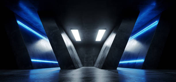 istock Sci Fi Futuristic Neon Glowing Triangle Shaped Blue Lines Grunge Concrete Reflective Texture Dark Empty Space Dance Stage Hall Room 3D Rendering 1130774293