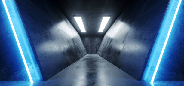 istock Sci Fi Futuristic Neon Glowing Triangle Shaped Blue Lines Grunge Concrete Reflective Texture Dark Empty Space Dance Stage Hall Room 3D Rendering 1130774518