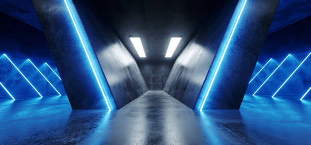 istock Sci Fi Futuristic Neon Glowing Triangle Shaped Blue Lines Grunge Concrete Reflective Texture Dark Empty Space Dance Stage Hall Room 3D Rendering 1130774555