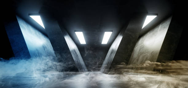 istock Smoke Triangle Shaped Grunge Concrete Sci Fi Futuristic Neon Blue White Elegant Empty Dark Reflective Big Hall Scene Alien Ship Room Tunnel Corridor Glowing Studio Lights 3D Rendering 1130775185