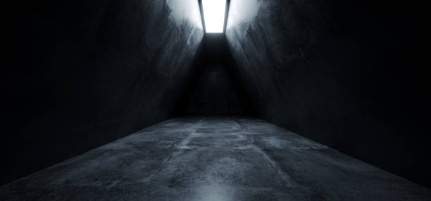 istock Triangle Shaped Grunge Concrete Sci Fi Futuristic Elegant Empty Dark Reflective Big Hall Scene Alien Ship Room Tunnel Corridor Glowing Studio Lights 3D Rendering 1130775207