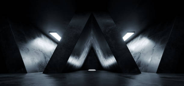 istock Triangle Shaped Grunge Concrete Sci Fi Futuristic Elegant Empty Dark Reflective Big Hall Scene Alien Ship Room Tunnel Corridor Glowing Studio Lights 3D Rendering 1130775482