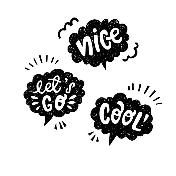 Nice, Cool, Let's Go inscriptions Three hand drawn speech bubbles with lettering words nice, lets go and cool. Easy teenage expressions designed for card, tote bag, apparel, sign, t shirt, store, online shop. Vector word cool stock illustrations